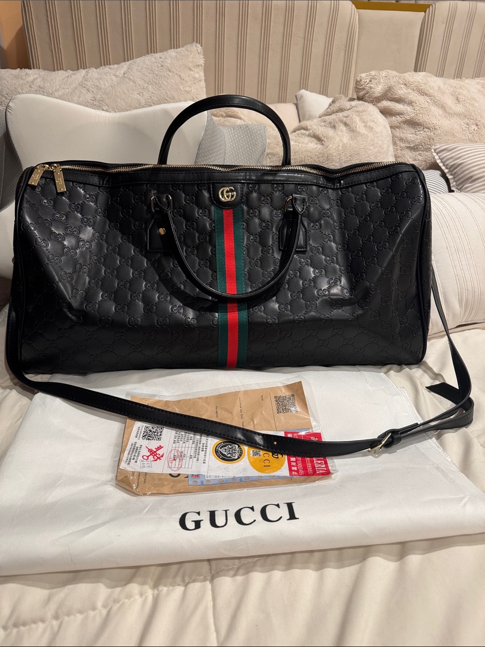 Gucci Black  Duffel with Green and Red Web Stripe